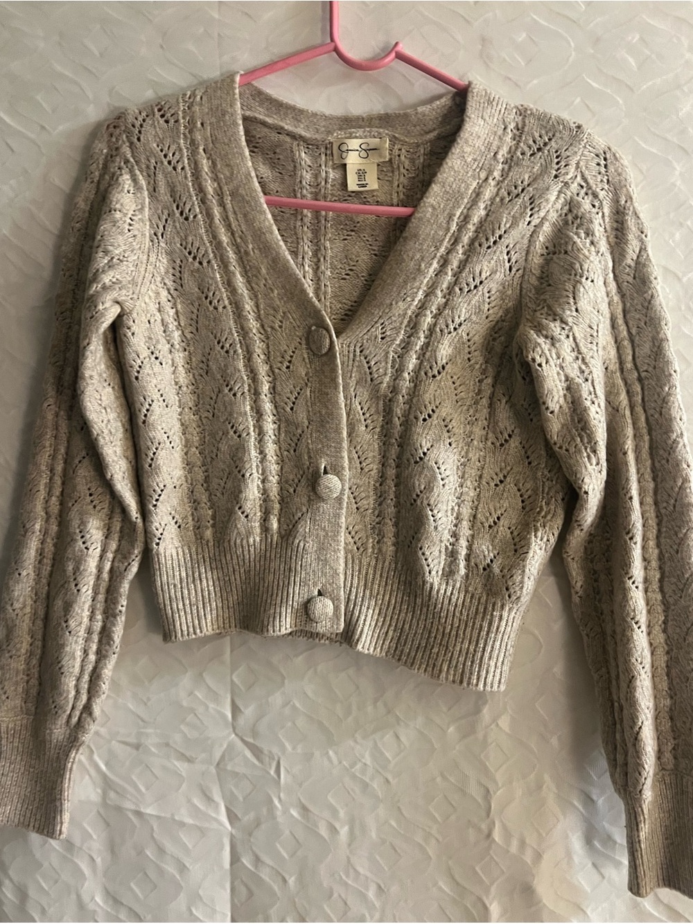 Jessica Simpson Light Taupe Cropped Knit Button-Front Cardigan